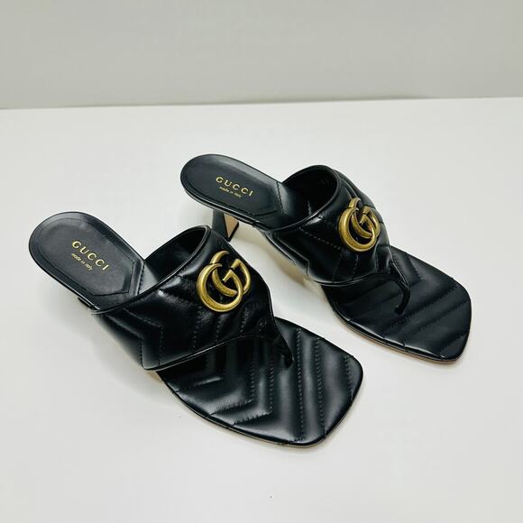 Gucci Marmont Chevron Double G 37/ US 7 Thong Heel Sandals Black Leather NIB - Picture 6 of 15